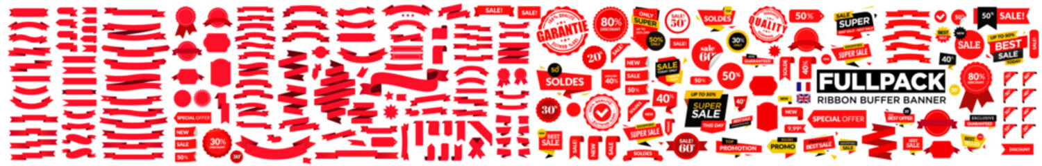 Set of Red Ribbons, Banners, badges, Labels - 628253820