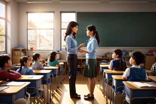 Teacher Giving Presentation To Elementary School Pupil In Classroom