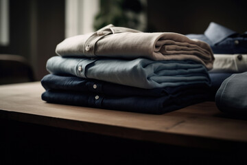 Close up of ironed and folded shirts on table - Powered by Adobe
