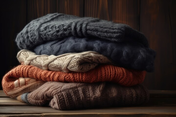 Stack of knitted winter clothes on wooden background, sweaters, space for text