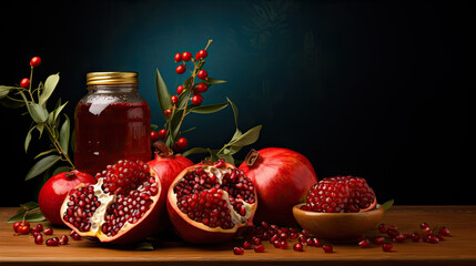Rosh Hashanah still life. Honey, pomegranate, apples and shofar on black background.