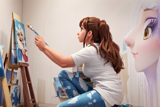 Young woman painting a picture in her art studio. She is sitting on the floor