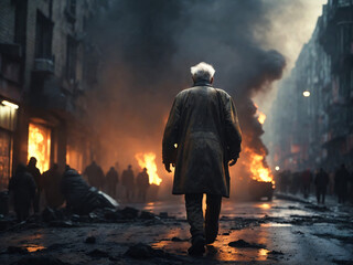Obraz premium old man in a burning street