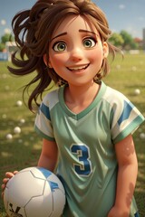 3d rendering of a cute little girl playing soccer on the field