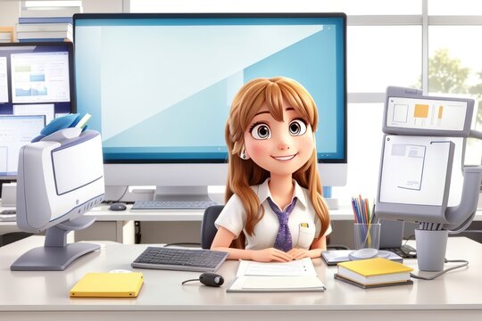 Smiling young female office worker sitting at her desk in front of a computer monitor