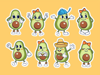 Cartoon avocados characters sticker pack. Vector illustration.