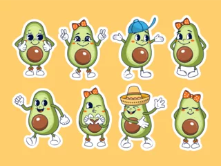 Fotobehang Cartoon avocados characters sticker pack. Vector illustration. © Nadzezhda
