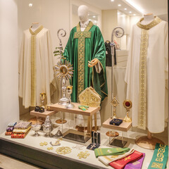 Rome, Italy - 26 Nov, 2022: Catholic priest garments on sale at a church supply shop in Rome