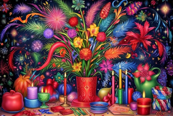 Fototapeta premium Festival bouquet of flowers and candlelight