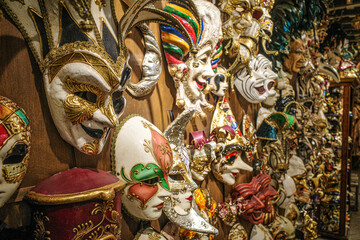 Rome, Italy - 27 Nov, 2022: Carnival masks for sale in an arts gallery in Rome