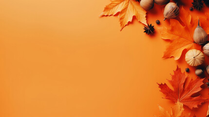 Autumn leaves and acorns on an orange background - Fall Thanksgiving Decor - obrazy, fototapety, plakaty