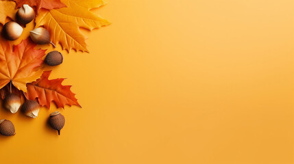 Autumn leaves and acorns on a vibrant yellow background