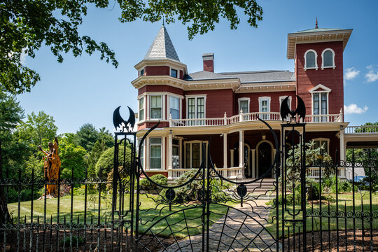 Bangor, Maine, USA- July 20,2023: Stephen King house with gate detail. Author of horror novels.