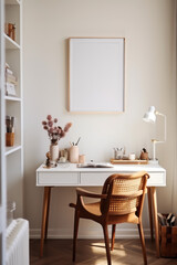 artistic frame canvas mock up in a curated whimsical studio setting / desk, atelier bohemian style with natural light and shadows - ai generative art	