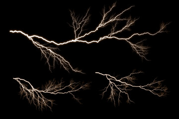 Set of  Lightning and thunder bolt  isolated  on black background,The concept of the intensity of weather, rainstorm. - obrazy, fototapety, plakaty