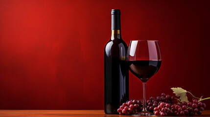 A bottle and a glass of red wine stand on a black mirror table. Black and red background. Generative AI