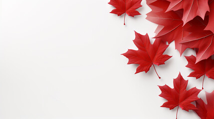 Happy 1st of July Canada Day celebrating. Top view flat lay of national maple leaves, red, white stars on white background with empty space for text Generative AI