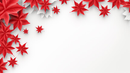 Happy 1st of July Canada Day celebrating. Top view flat lay of national maple leaves, red, white stars on white background with empty space for text Generative AI