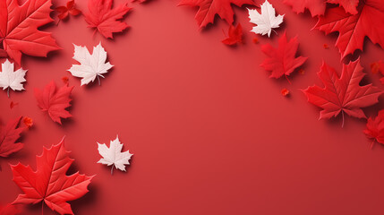 Happy 1st of July Canada Day celebrating. Top view flat lay of national maple leaves, red, white stars on white background with empty space for text Generative AI