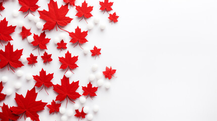 Happy 1st of July Canada Day celebrating. Top view flat lay of national maple leaves, red, white stars on white background with empty space for text Generative AI