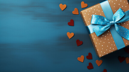 Gift box bows, ribbons on dark blue background. The Background Of Valentine's Day. Marriage proposal.Trending colors. top view, copyspace Generative AI