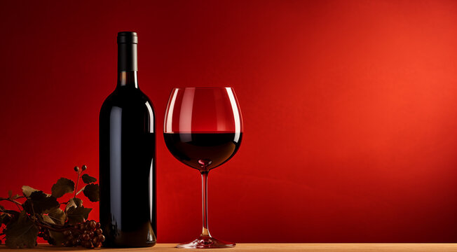 A bottle and a glass of red wine stand on a black mirror table. Black and red background. Generative AI