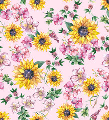 Watercolor, drawn, trendy, summer, bright, beautiful, textile, floral print, pattern, nature, garden, sun flowers, mood, decor, cards, interior, seamless on light pink .