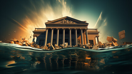 Obraz premium Bank drowning under water. Conseptual banking crisis 3D rendering illustration. Generative AI