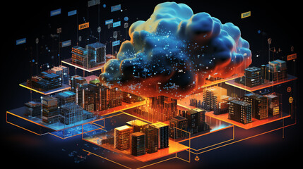 Conceptual cloud computing and data storage technology for future innovation . 3D render computer graphic . Generative AI