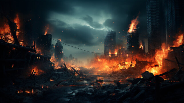 Destroyed City Digital Illustration Industrial Ruins Post Apocalyptic Abandoned Generative AI
