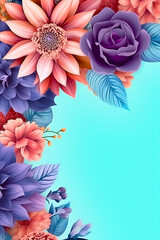 Template greeting card of some purple flowers on a blue background