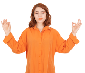 Hold hands yoga gesture, portrait of young redhead beautiful caucasian girl hold hands yoga gesture. Relaxing, meditating, keep eyes closed. People lifestyle concept image. Isolated transparent png.