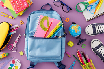 Beginning the elementary school journey. Top view of colorful stationery, kids rucksack, footwear,...