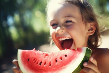 Happy child is eating watermelon. Generative AI