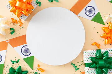 Idea for an India Independence Day party. Top view photo of indian flag garlands, orange candle,...