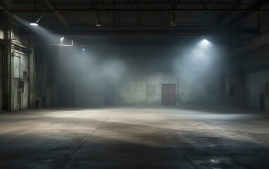 An empty studio with a cement floor, with floodlights above and smoke in the background