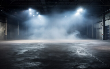 An empty studio with a cement floor, with floodlights above and smoke in the background