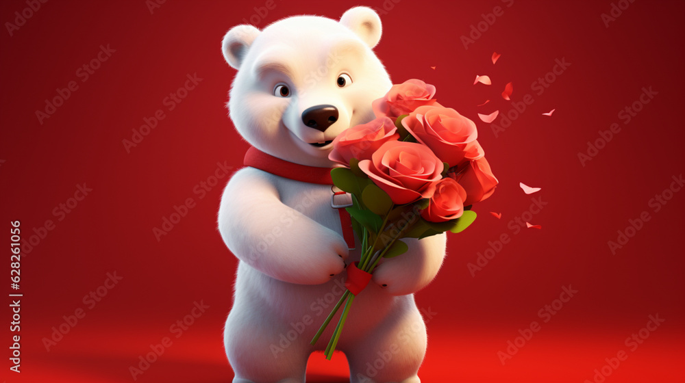 Sticker White Teddy Bear with Flowers on Red Background