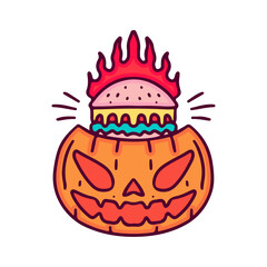 Burning burger inside a pumpkin monster, illustration for t-shirt, sticker, or apparel merchandise. With doodle, retro, and cartoon style.
