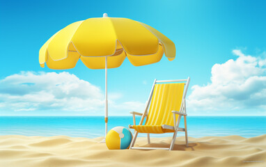 Beach Chair, Yellow Umbrella and Ball, Summer holiday, Time to travel concept