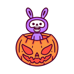 Funny bunny skull inside a pumpkin monster, illustration for t-shirt, sticker, or apparel merchandise. With doodle, retro, and cartoon style.