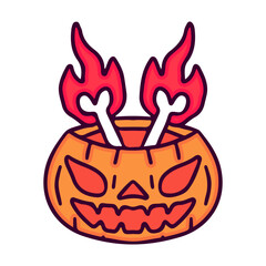 Pumpkin monster and burning bones, illustration for t-shirt, sticker, or apparel merchandise. With doodle, retro, and cartoon style.