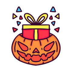 Pumpkin monster with gift boxes inside, illustration for t-shirt, sticker, or apparel merchandise. With doodle, retro, and cartoon style.