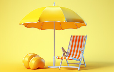 Beach Chair, Yellow Umbrella and Ball, Summer holiday, Time to travel concept