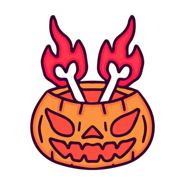Pumpkin monster and burning bones, illustration for t-shirt, sticker, or apparel merchandise. With doodle, retro, and cartoon style.
