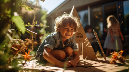 Children building a cardboard fort during playtime, banner, schoolkids, Generative AI