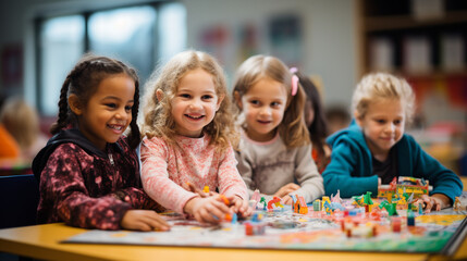 Kids playing board games during a school club meeting, banner, schoolkids, Generative AI