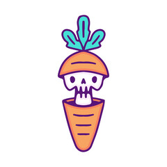 Funny skull inside a carrot, and melt monster, illustration for t-shirt, sticker, or apparel merchandise. With doodle, retro, and cartoon style.