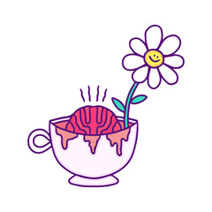 Cup of coffee with brain and sunflower inside, illustration for t-shirt, sticker, or apparel merchandise. With doodle, retro, and cartoon style.