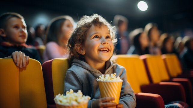 Children enjoying a school movie day with popcorn, banner, schoolkids, Generative AI